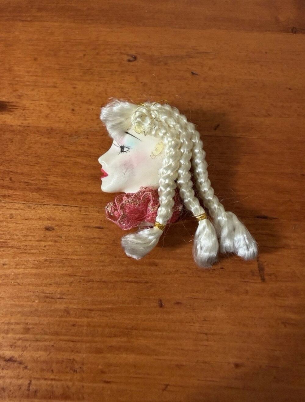 Vintage Sculpted Lady Face Profile Brooch Braided Hair Pink Scarf Figural Pin